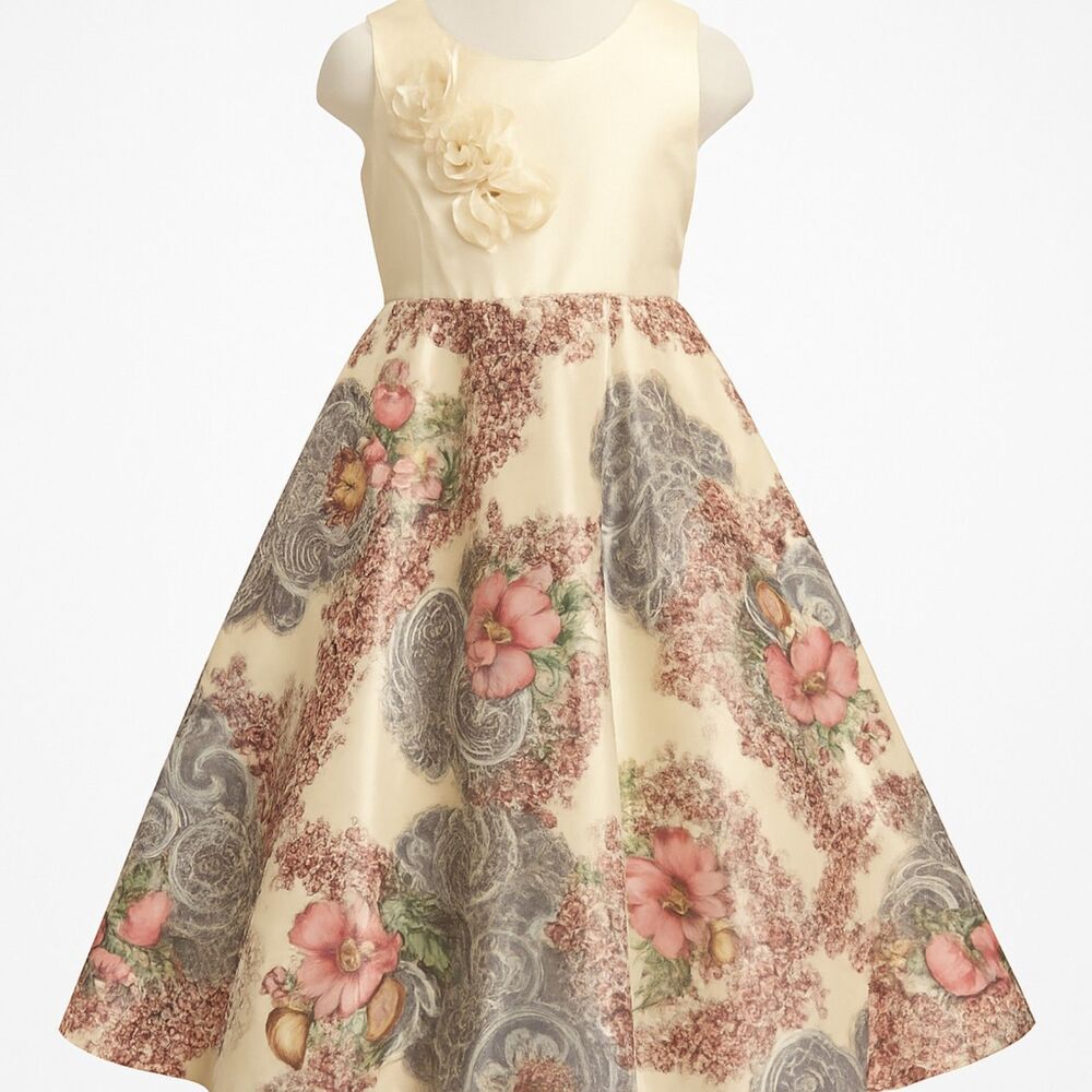 Girls Sleeveless Satin Party Dress Ivory Floral Rose Applique Twirl Gown